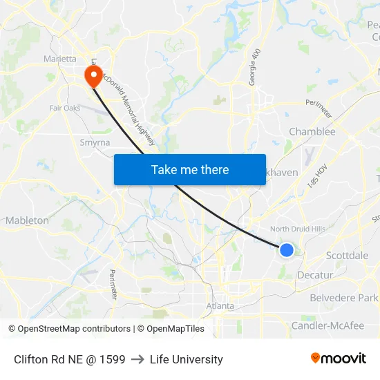 Clifton Rd NE @ 1599 to Life University map