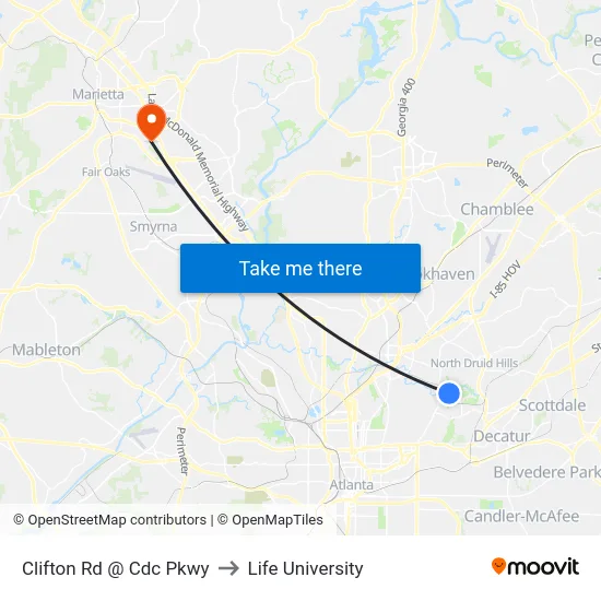 Clifton Rd @ Cdc Pkwy to Life University map