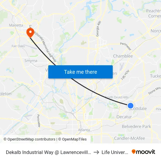 Dekalb Industrial Way @ Lawrenceville Hwy to Life University map