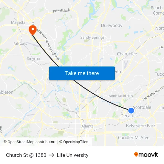 Church St @ 1380 to Life University map