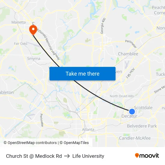 Church St @ Medlock Rd to Life University map
