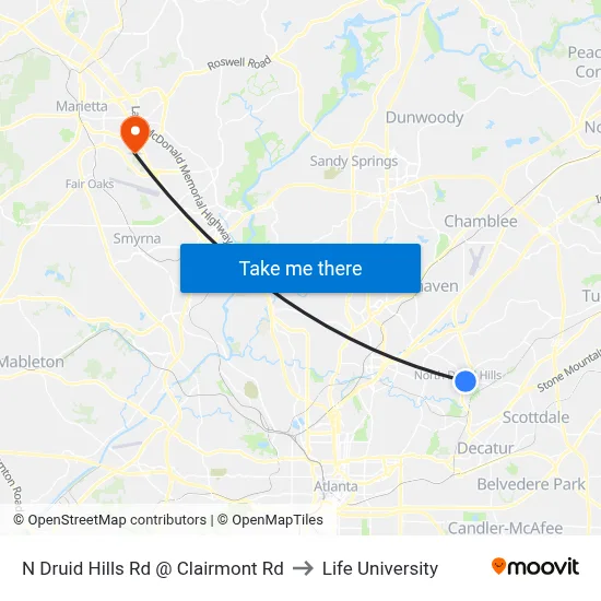 N Druid Hills Rd @ Clairmont Rd to Life University map