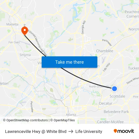 Lawrenceville Hwy @ White Blvd to Life University map