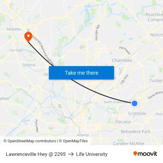 Lawrenceville Hwy @ 2295 to Life University map