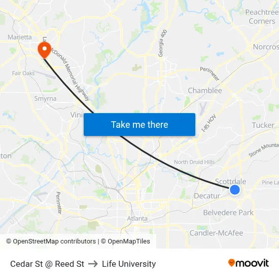 Cedar St @ Reed St to Life University map