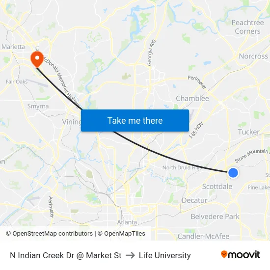 N Indian Creek Dr @ Market St to Life University map