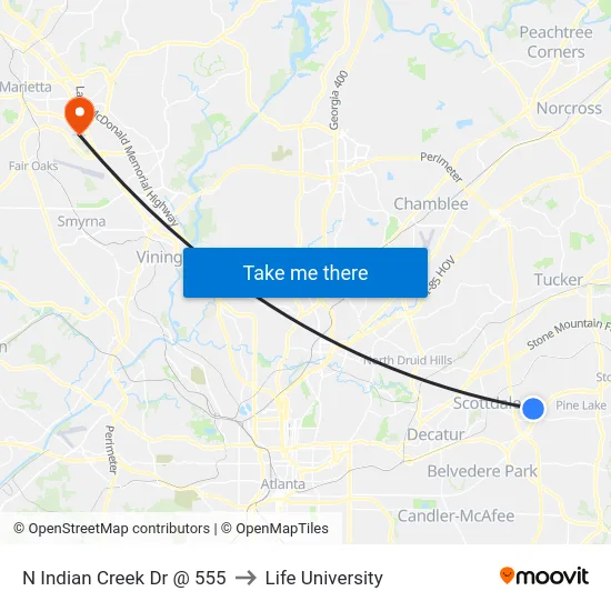 N Indian Creek Dr @ 555 to Life University map