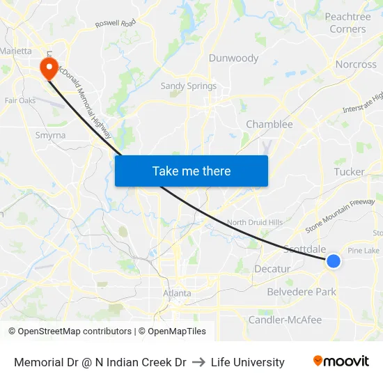Memorial Dr @ N Indian Creek Dr to Life University map