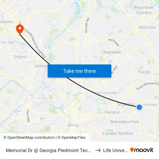 Memorial Dr @ Georgia Piedmont Tech College Dr to Life University map