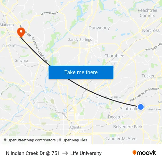 N Indian Creek Dr @ 751 to Life University map