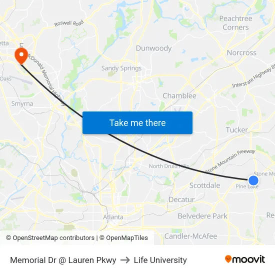 Memorial Dr @ Lauren Pkwy to Life University map