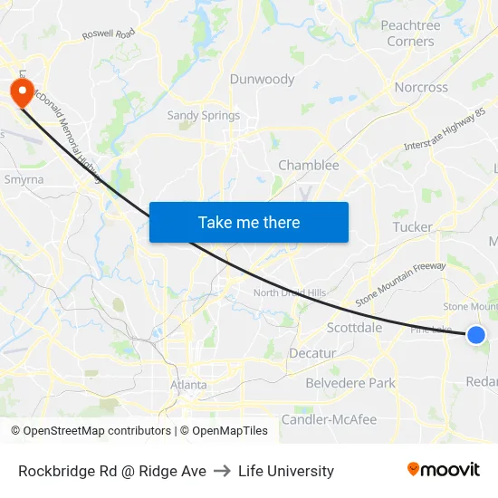 Rockbridge Rd @ Ridge Ave to Life University map