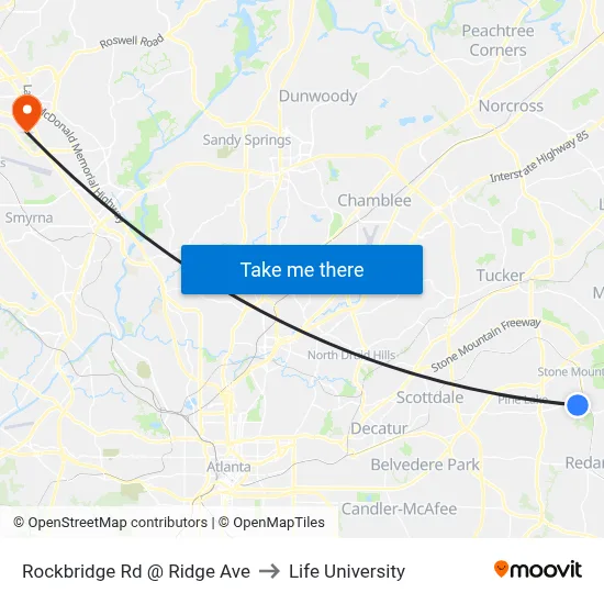 Rockbridge Rd @ Ridge Ave to Life University map