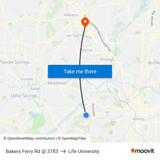 Bakers Ferry Rd @ 3783 to Life University map