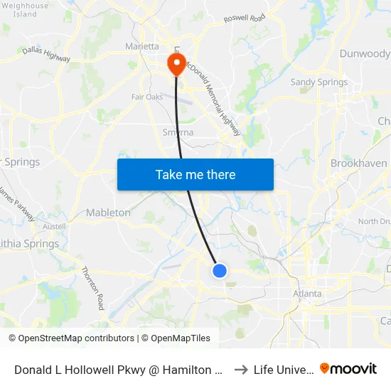 Donald L Hollowell Pkwy @ Hamilton E Holmes Dr to Life University map