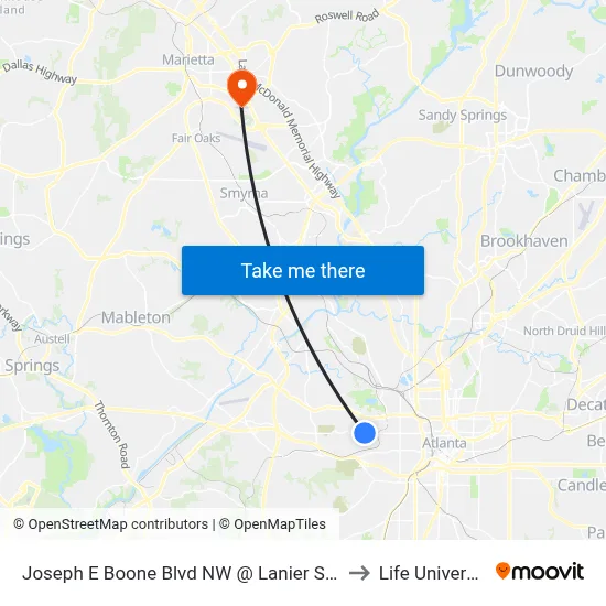 Joseph E Boone Blvd NW @ Lanier St NW to Life University map