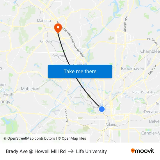 Brady Ave @ Howell Mill Rd to Life University map