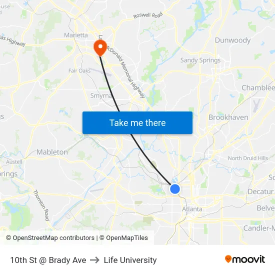 10th St @ Brady Ave to Life University map