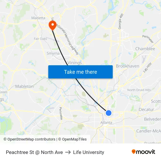 Peachtree St @ North Ave to Life University map