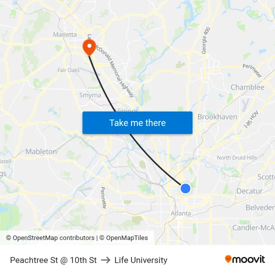 Peachtree St @ 10th St to Life University map