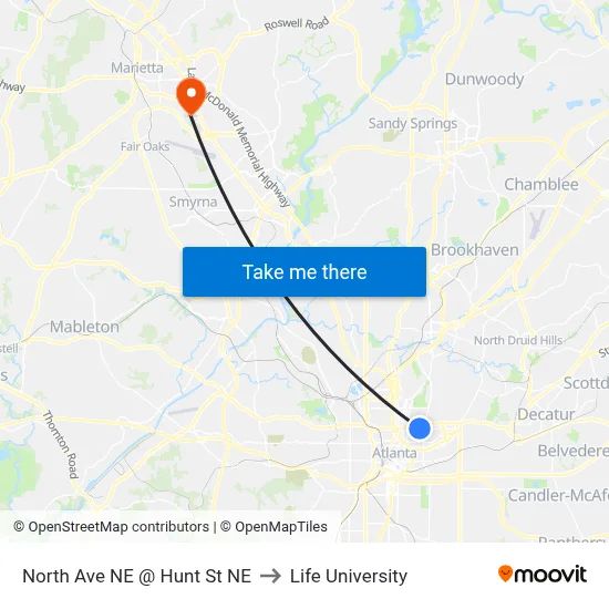 North Ave NE @ Hunt St NE to Life University map