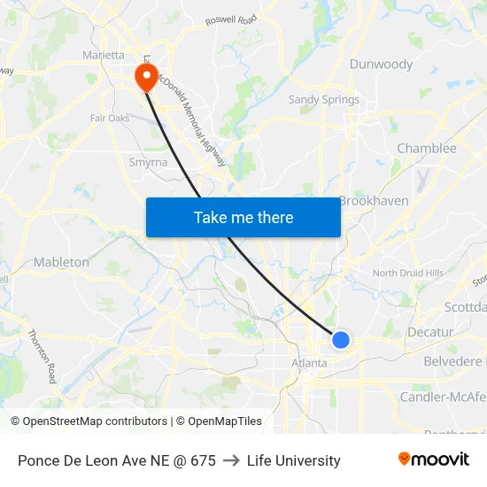 Ponce De Leon Ave NE @ 675 to Life University map