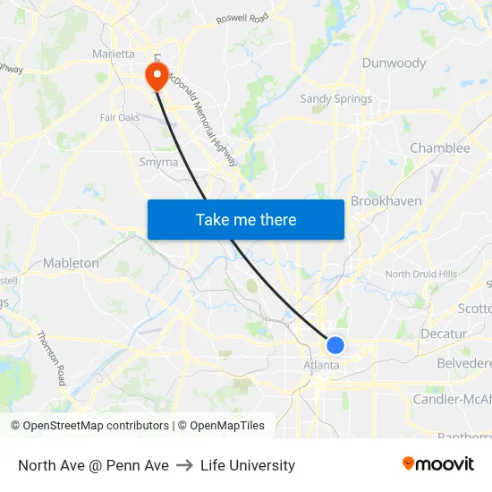 North Ave @ Penn Ave to Life University map