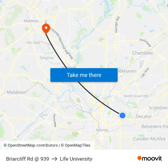 Briarcliff Rd @ 939 to Life University map