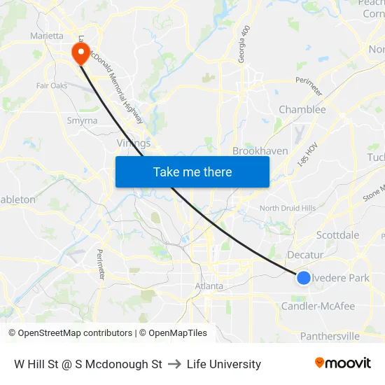 W Hill St @ S Mcdonough St to Life University map