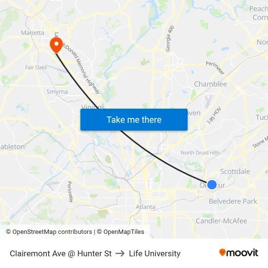 Clairemont Ave @ Hunter St to Life University map