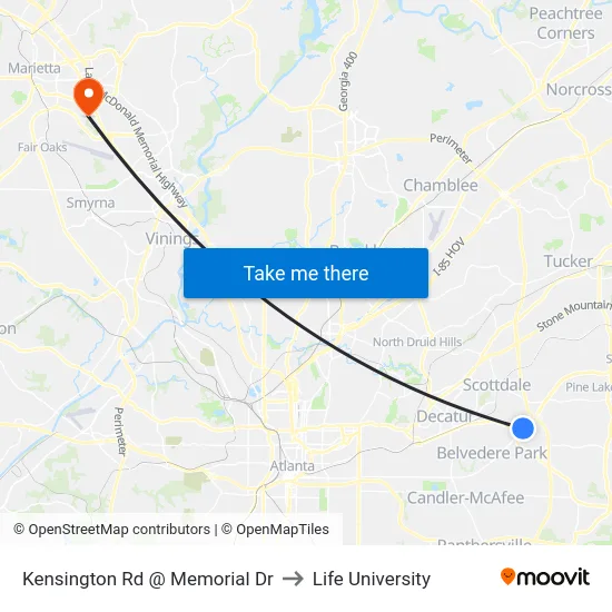 Kensington Rd @ Memorial Dr to Life University map