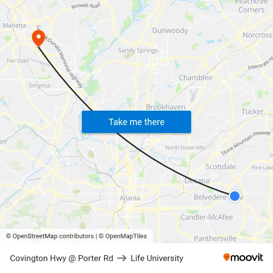 Covington Hwy @ Porter Rd to Life University map