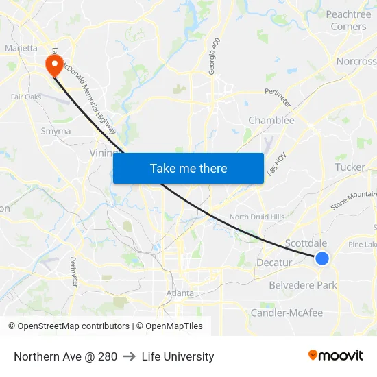 Northern Ave @ 280 to Life University map