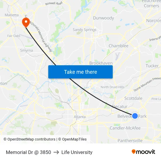 Memorial Dr @ 3850 to Life University map