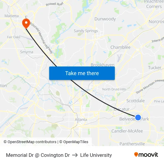 Memorial Dr @ Covington Dr to Life University map