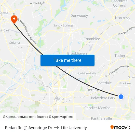 Redan Rd @ Avonridge Dr to Life University map