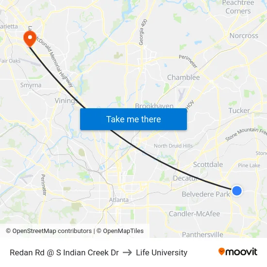 Redan Rd @ S Indian Creek Dr to Life University map