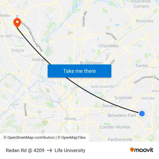 Redan Rd @ 4209 to Life University map