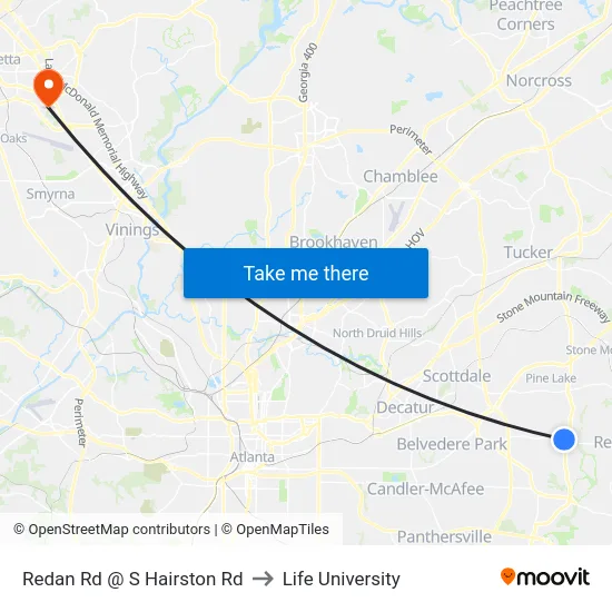Redan Rd @ S Hairston Rd to Life University map