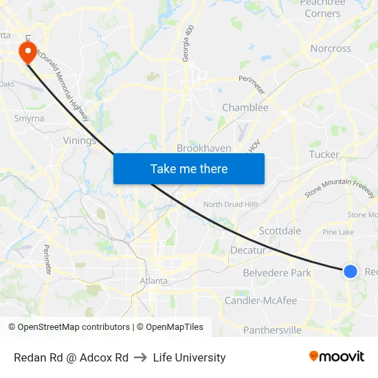 Redan Rd @ Adcox Rd to Life University map