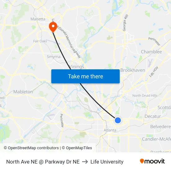 North Ave NE @ Parkway Dr NE to Life University map