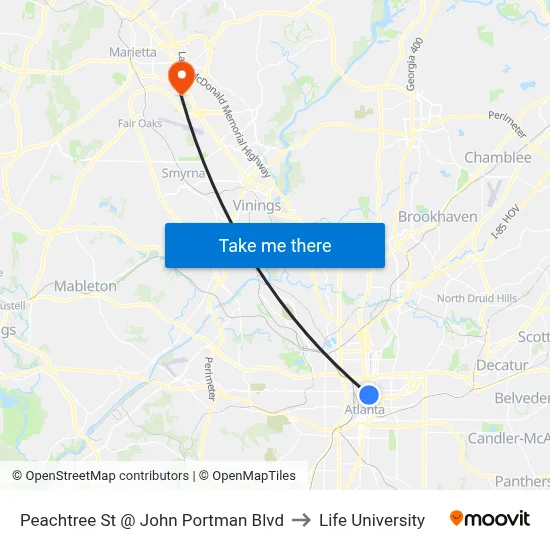 Peachtree St @ John Portman Blvd to Life University map