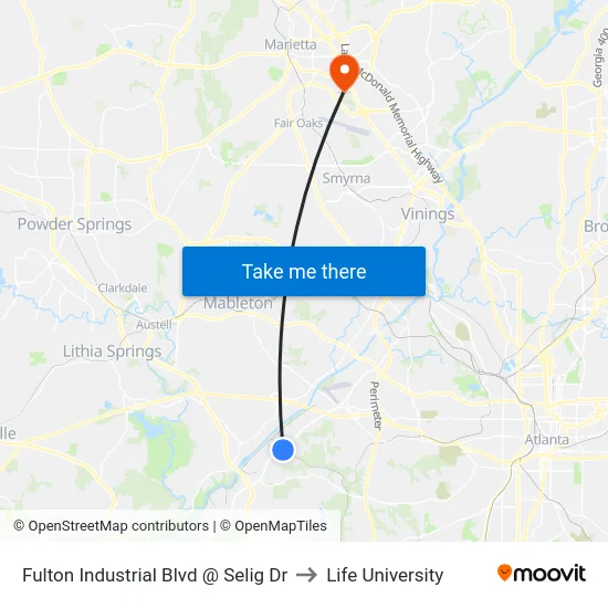 Fulton Industrial Blvd @ Selig Dr to Life University map