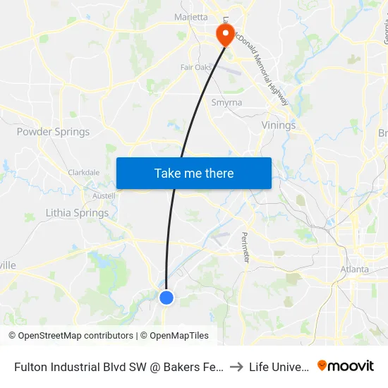 Fulton Industrial Blvd SW @ Bakers Ferry Rd (S) to Life University map