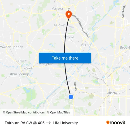 Fairburn Rd SW @ 405 to Life University map