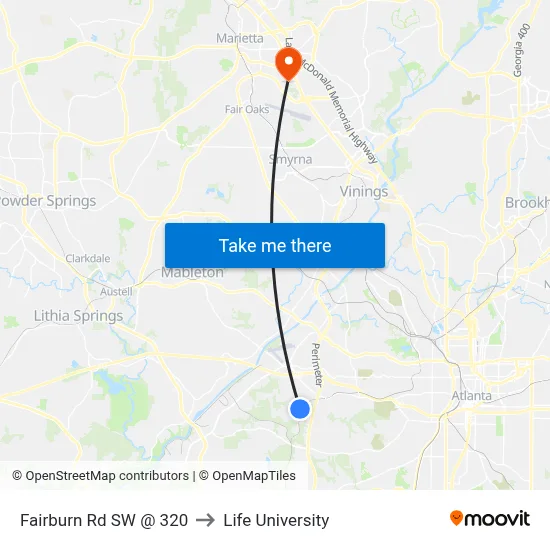 Fairburn Rd SW @ 320 to Life University map