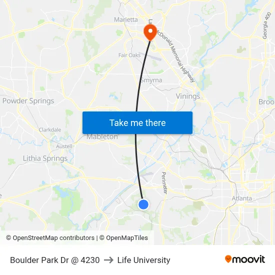 Boulder Park Dr @ 4230 to Life University map