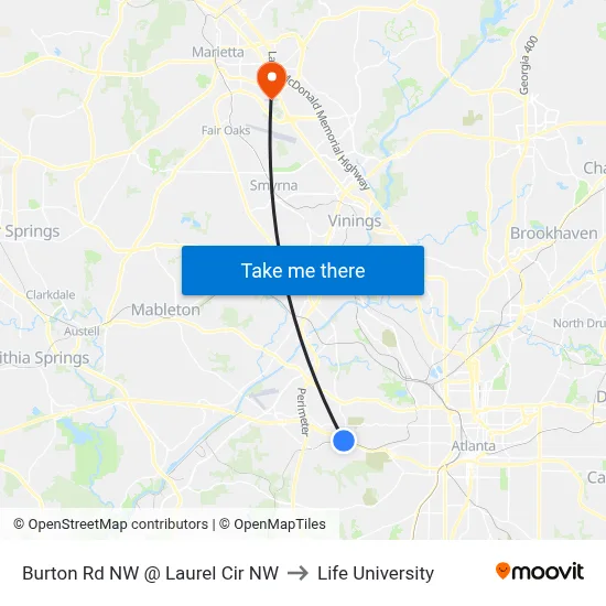 Burton Rd NW @ Laurel Cir NW to Life University map
