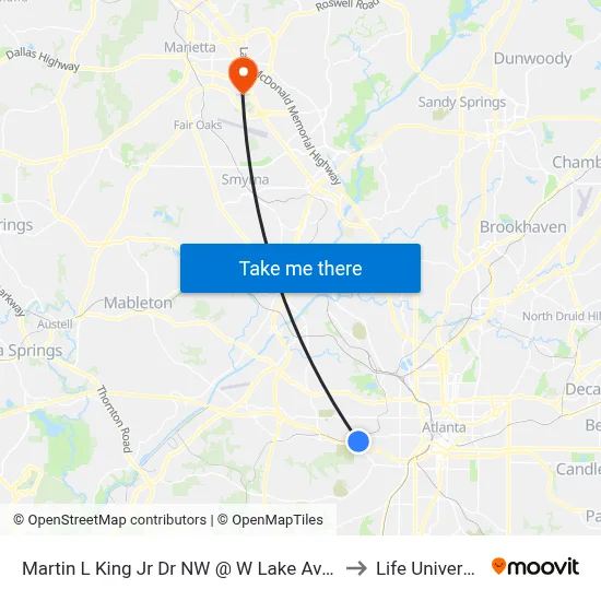 Martin L King Jr Dr NW @ W Lake Ave SW to Life University map