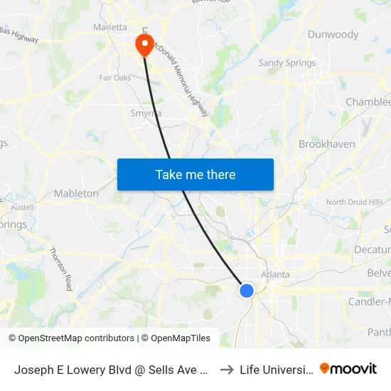 Joseph E Lowery Blvd @ Sells Ave SW to Life University map